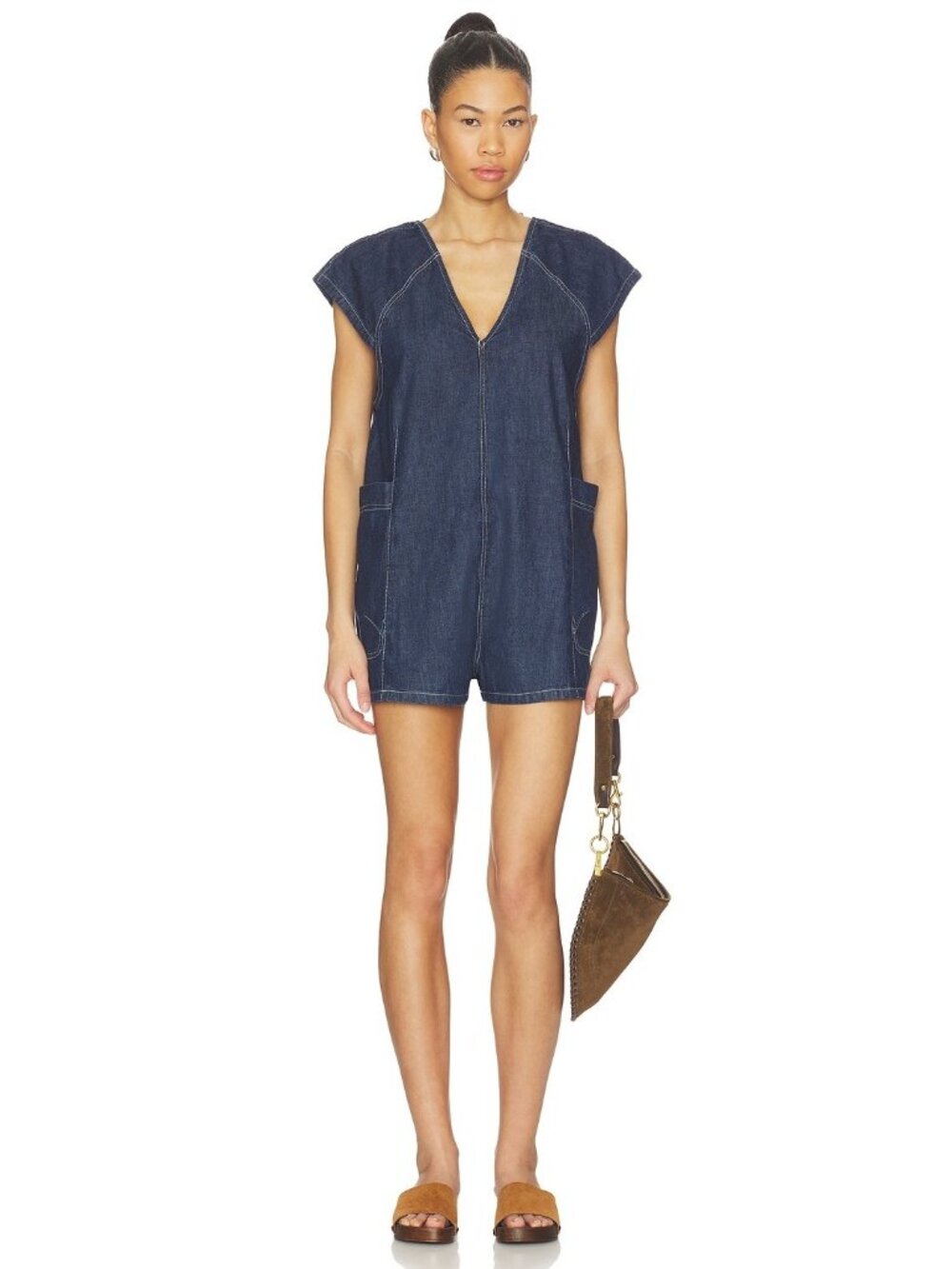 NEW We The Free Free Fall Denim Romper deep blue indigo SMALL patch pockets boho